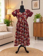 Rayon Zipless Maxi Frock Black Floral Short Sleeve with Back Tie - Mangai Nighties