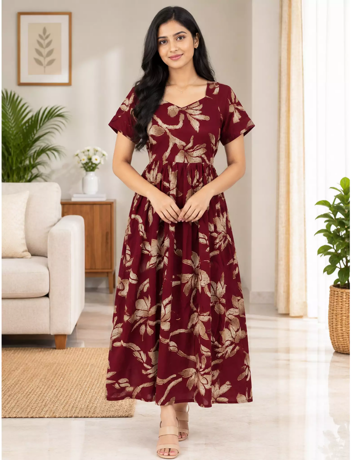 Rayon VaticanFloral Print Zipless Maxi Frock with Back Tie - Mangai Nighties