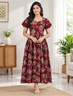 Rayon Zipless Maxi Frock Black Floral Short Sleeve with Back Tie - Mangai Nighties