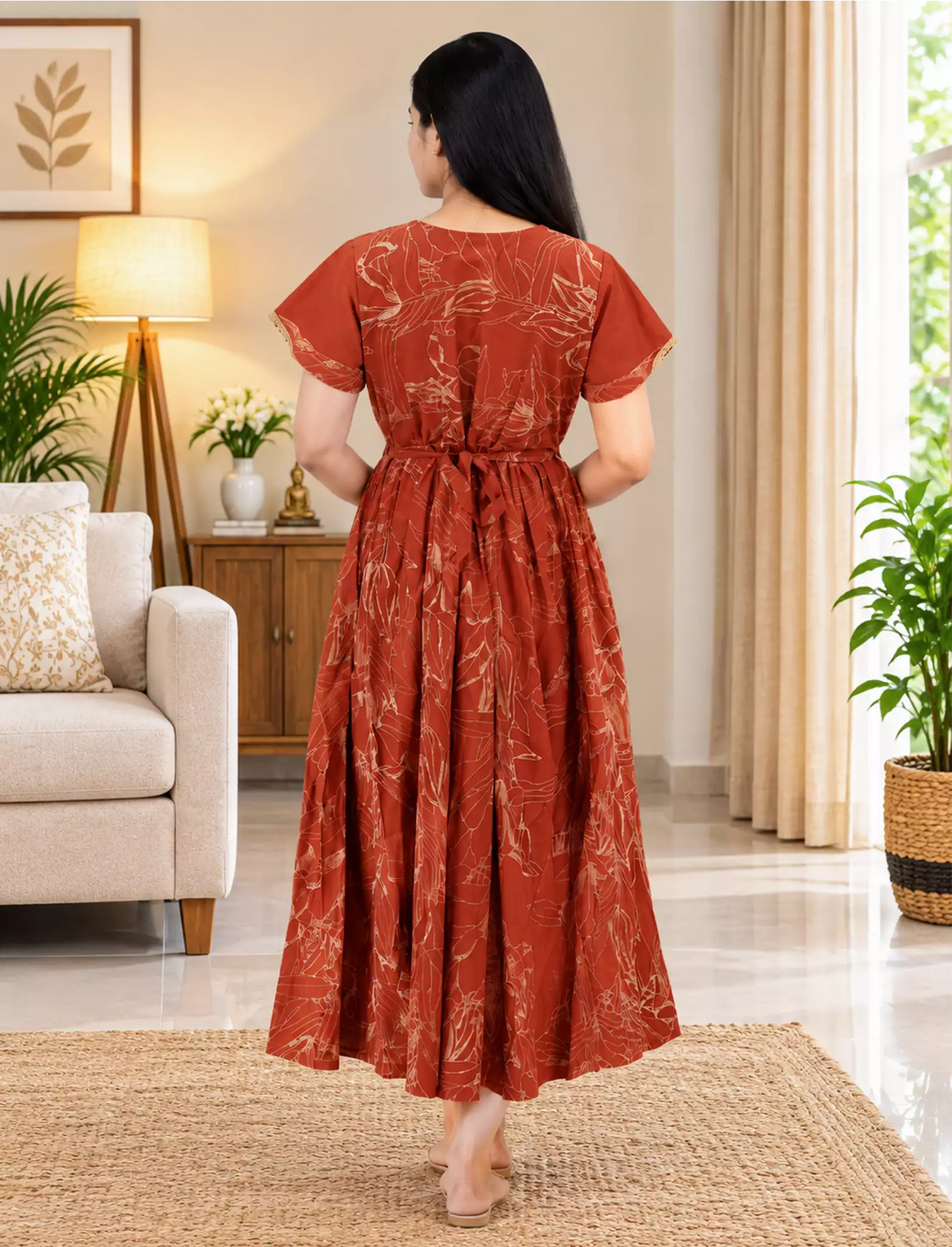 Rayon Zipless Maxi Frock Petal Sleeve with Back Tie - Mangai Nighties