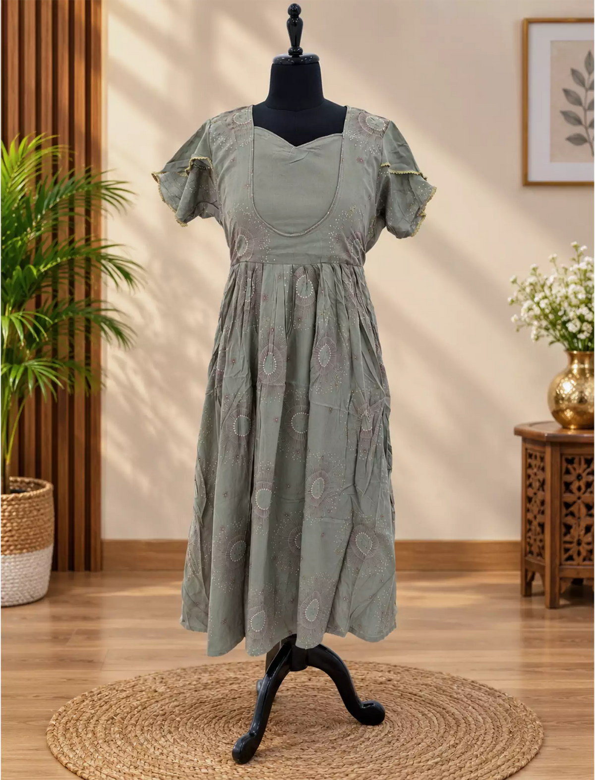 Rayon Zipless Maxi Frock Flutter Sleeve with Side Pocket- Mangai Nighties