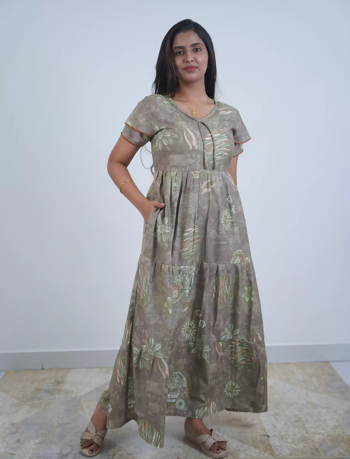 Alpine Floral & Abstract Print 3-Layer Frock with Pocket - Mangai Nighties