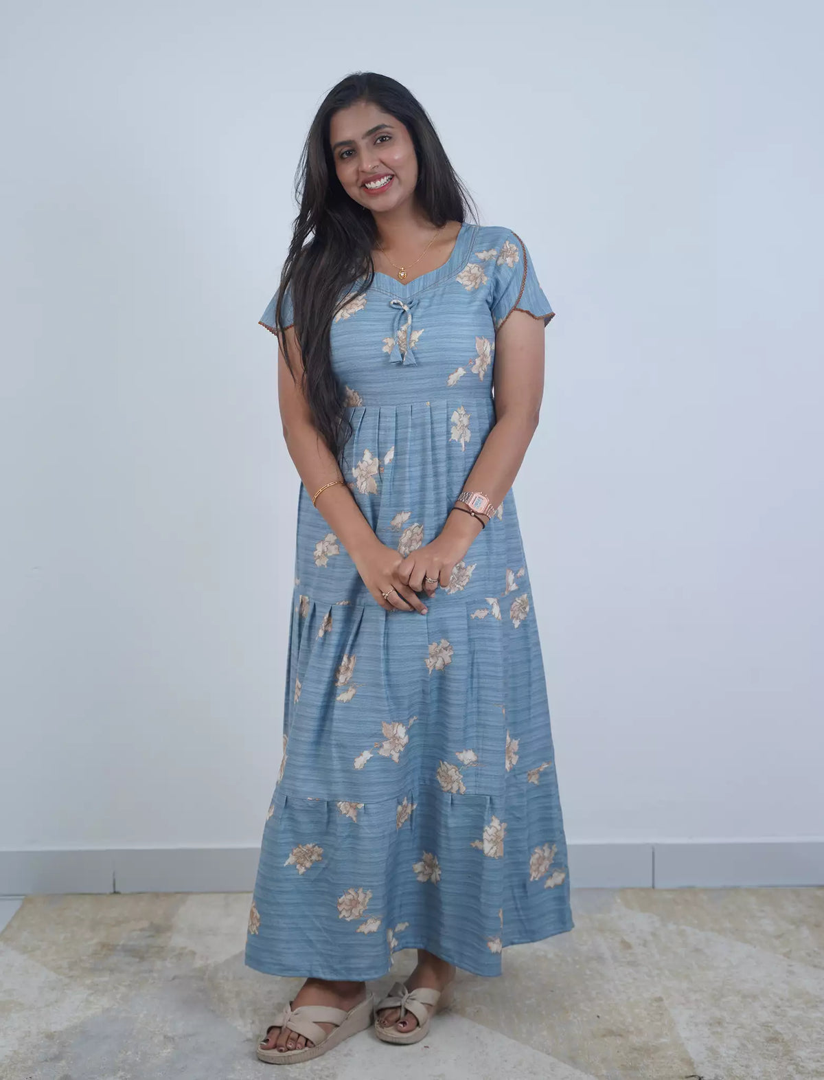 Alpine Floral Print 3-Layer Frock with Back Tie - Mangai Nighties