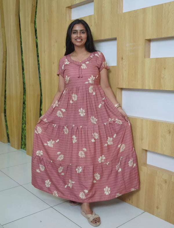 Alpine Floral Print 3-Layer Frock with Back Tie - Mangai Nighties