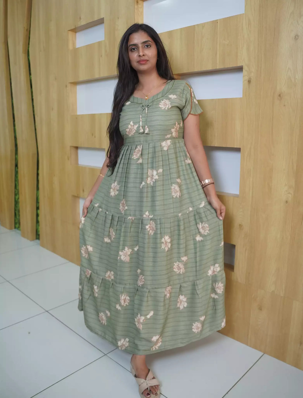 Alpine Floral Print 3-Layer Frock with Back Tie - Mangai Nighties