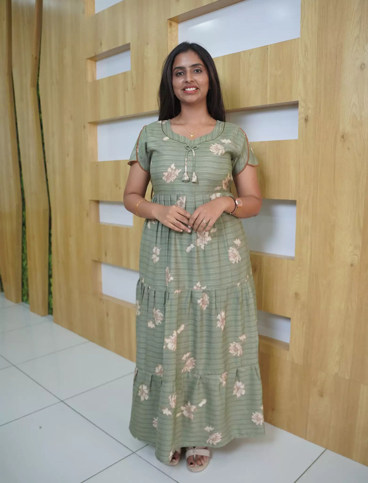 Alpine Floral Print 3-Layer Frock with Back Tie - Mangai Nighties