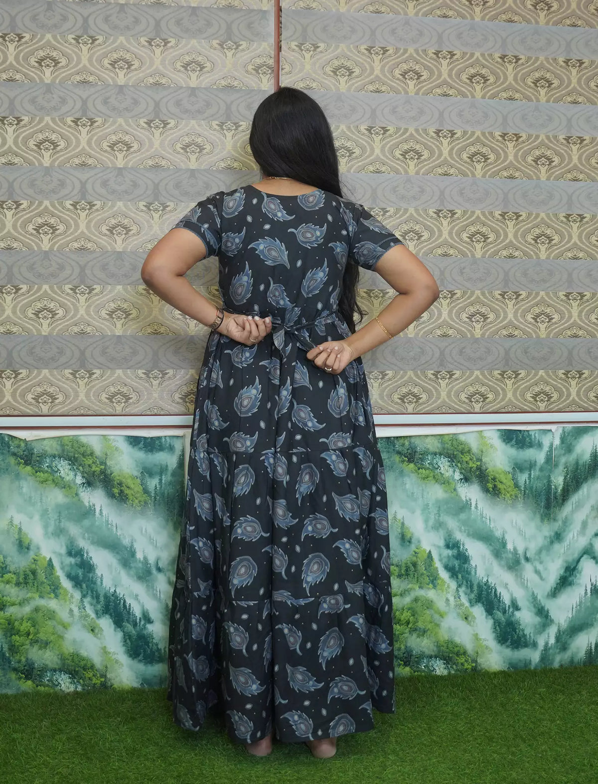 Rayon Feather Printed 3 Layer Frock with Back Tie, Pocket Mangai Nighties