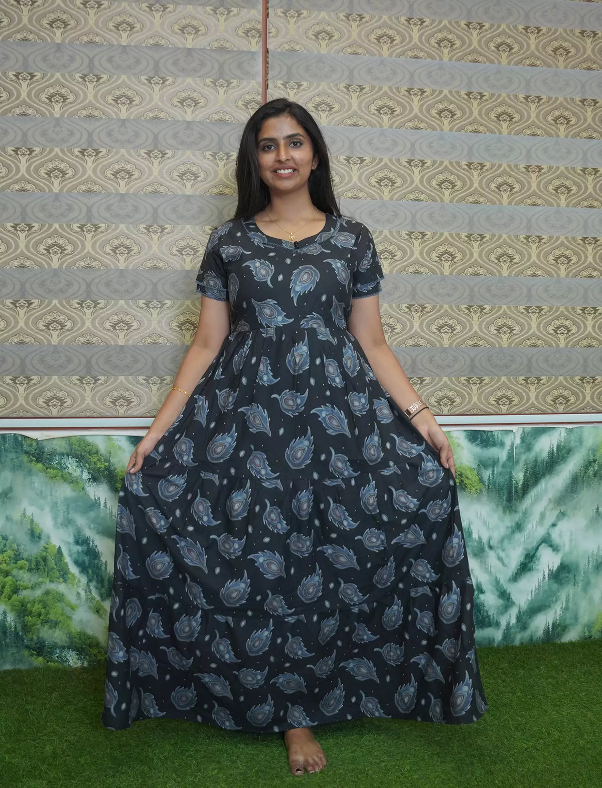 Rayon Feather Printed 3 Layer Frock with Back Tie, Pocket Mangai Nighties