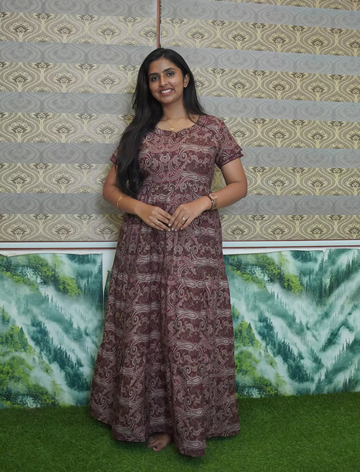 Rayon Paisley print 3 Layer Frock with Back Tie & Layer Sleeve | Mangai Nighties