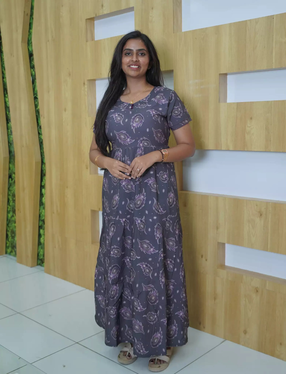 Rayon Feather Printed 3 Layer Frock with Back Tie, Pocket Mangai Nighties