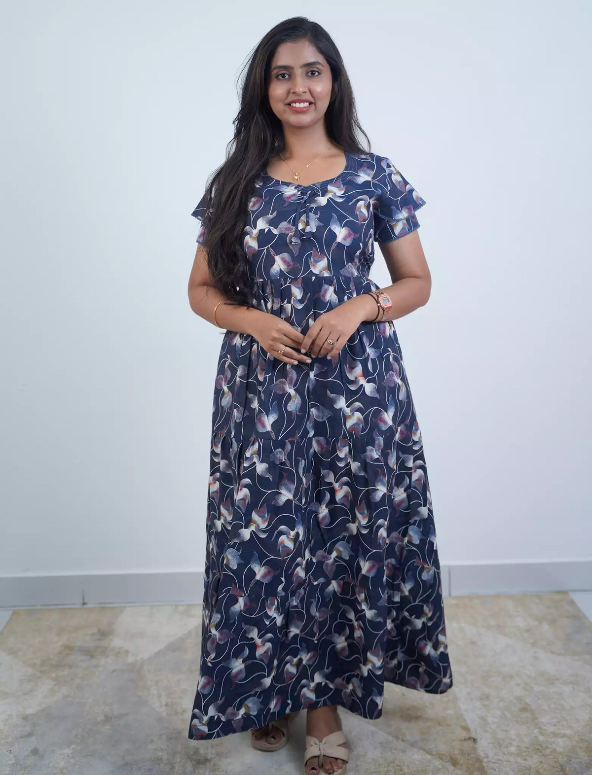 Rayon Abstract Floral Print 3 Layer Frock with Back Tie & Side Pocket | Mangai Nighties