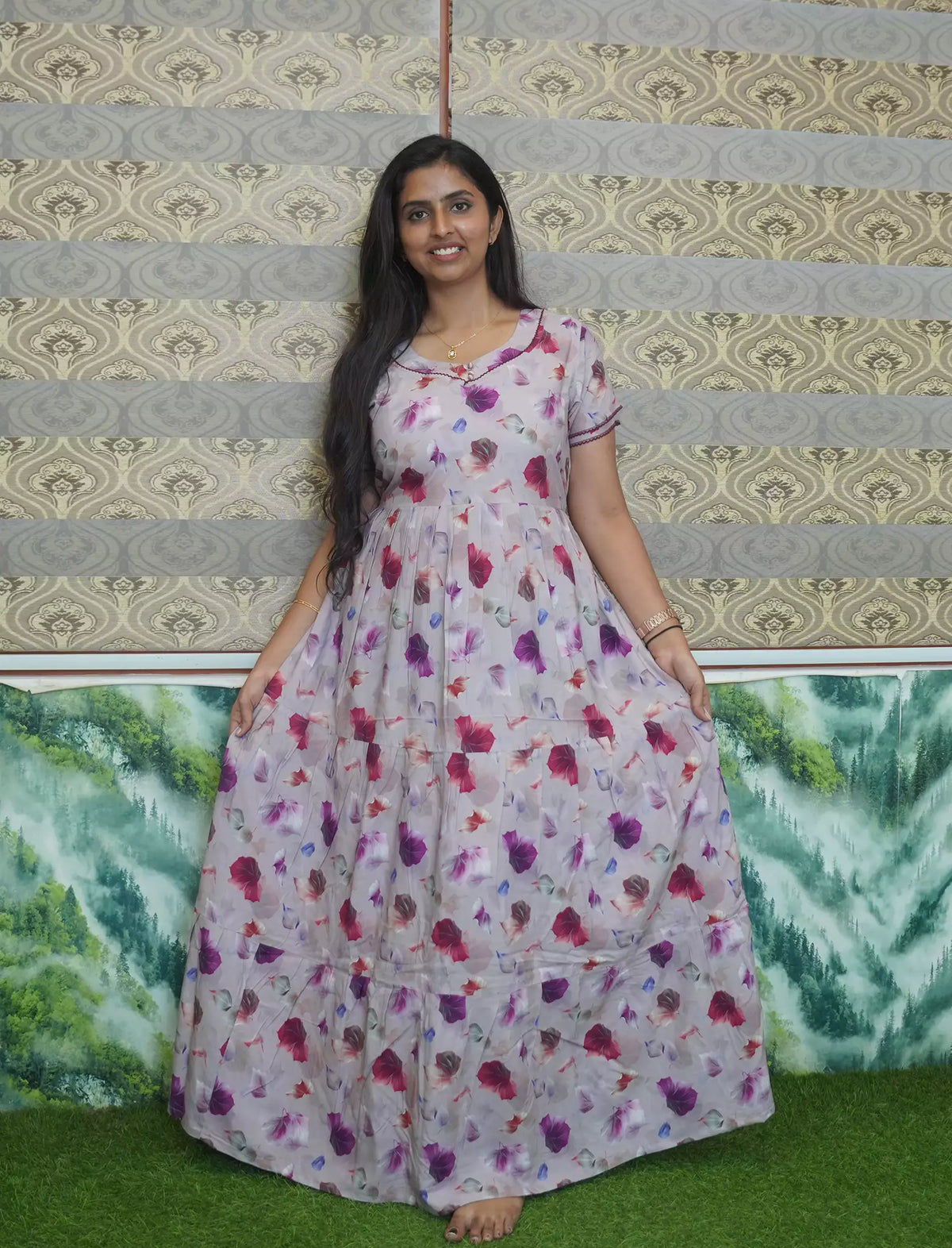 Rayon Floral Print 3-Layer Frock with Side Pocket - Mangai Nighties