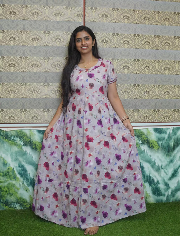 Rayon Floral Print 3-Layer Frock with Side Pocket - Mangai Nighties