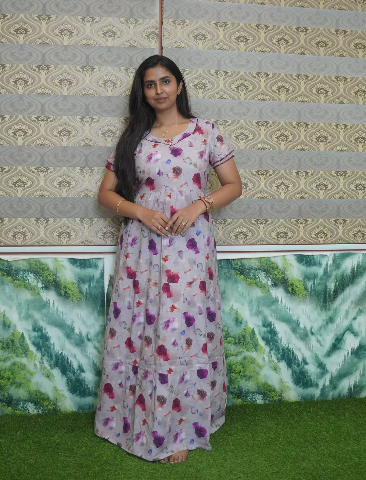 Rayon Floral Print 3-Layer Frock with Side Pocket - Mangai Nighties