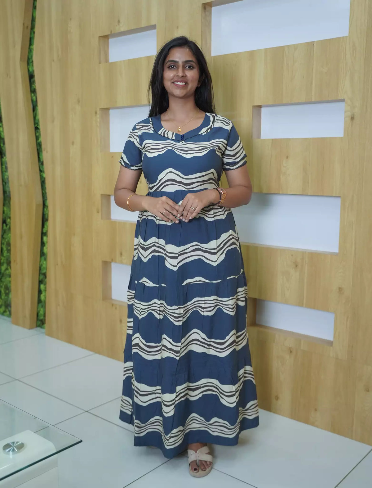 Rayon Wave Print 3 Layer Frock Style with Back Tie - Mangai Nighties