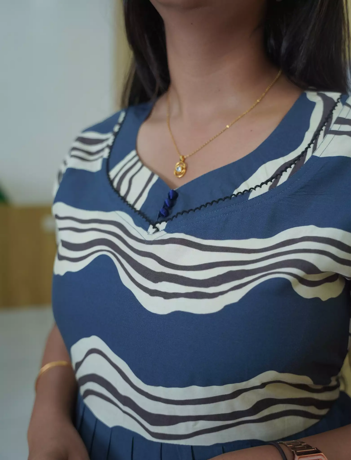 Rayon Wave Print 3 Layer Frock Style with Back Tie - Mangai Nighties