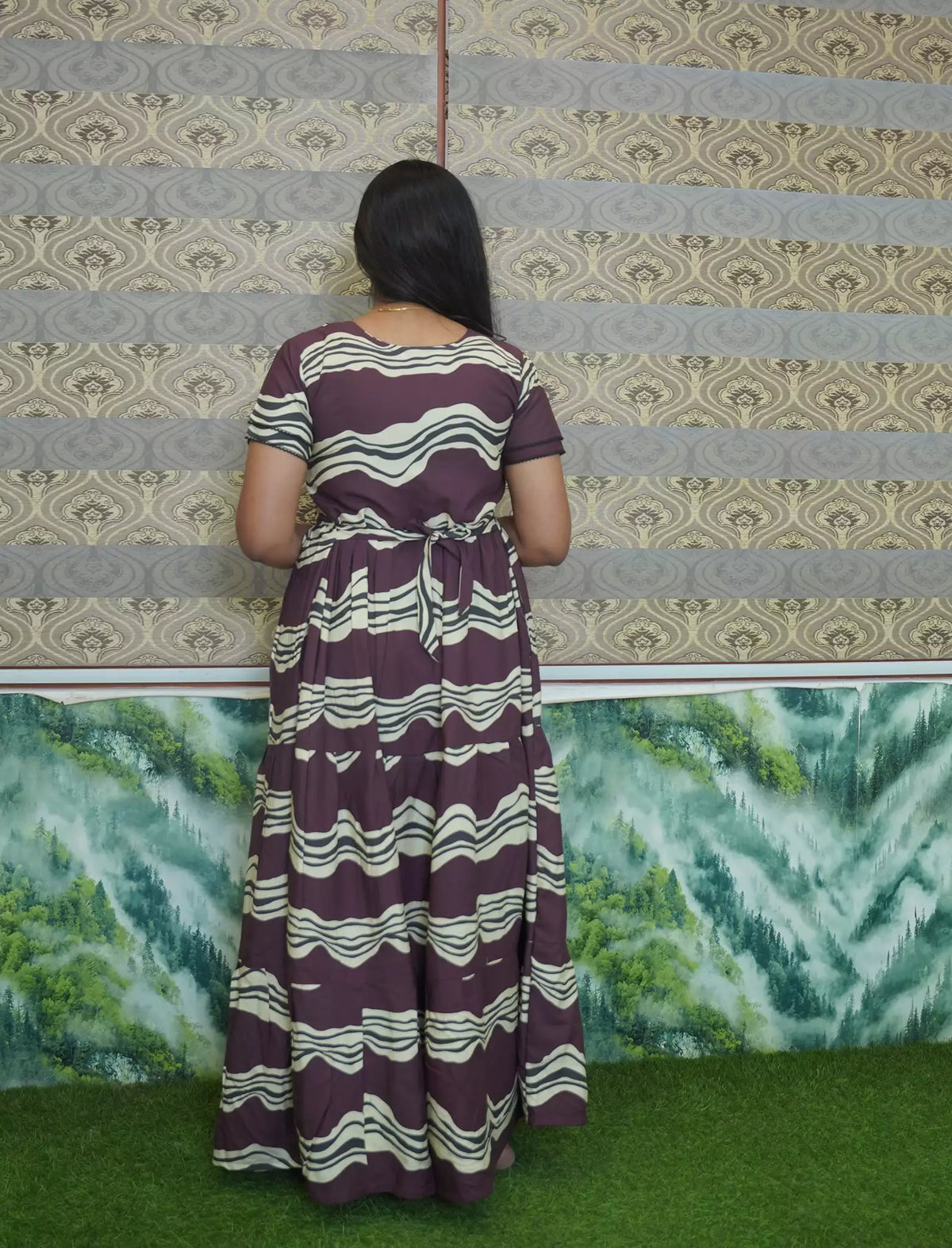 Rayon Wave Print 3 Layer Frock Style with Back Tie - Mangai Nighties