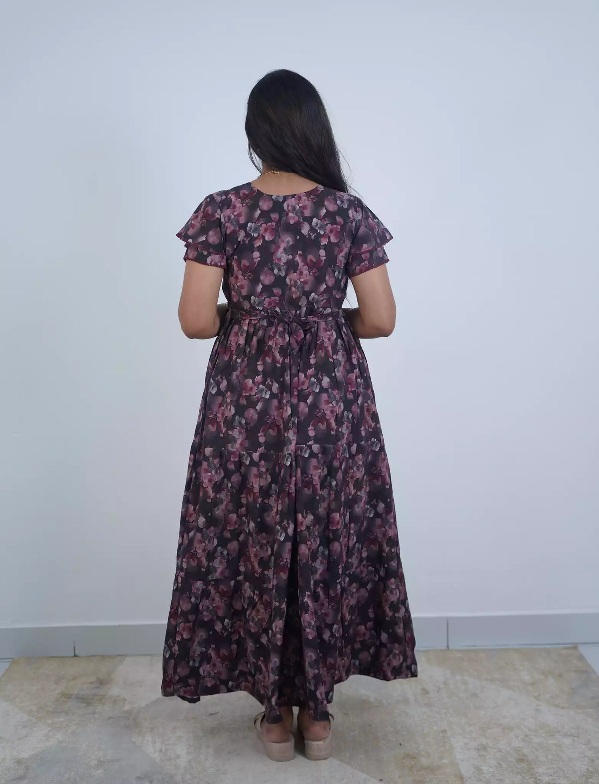 Rayon Floral Print 3 Layer Frock with Layered Sleeves- Mangai Nighties