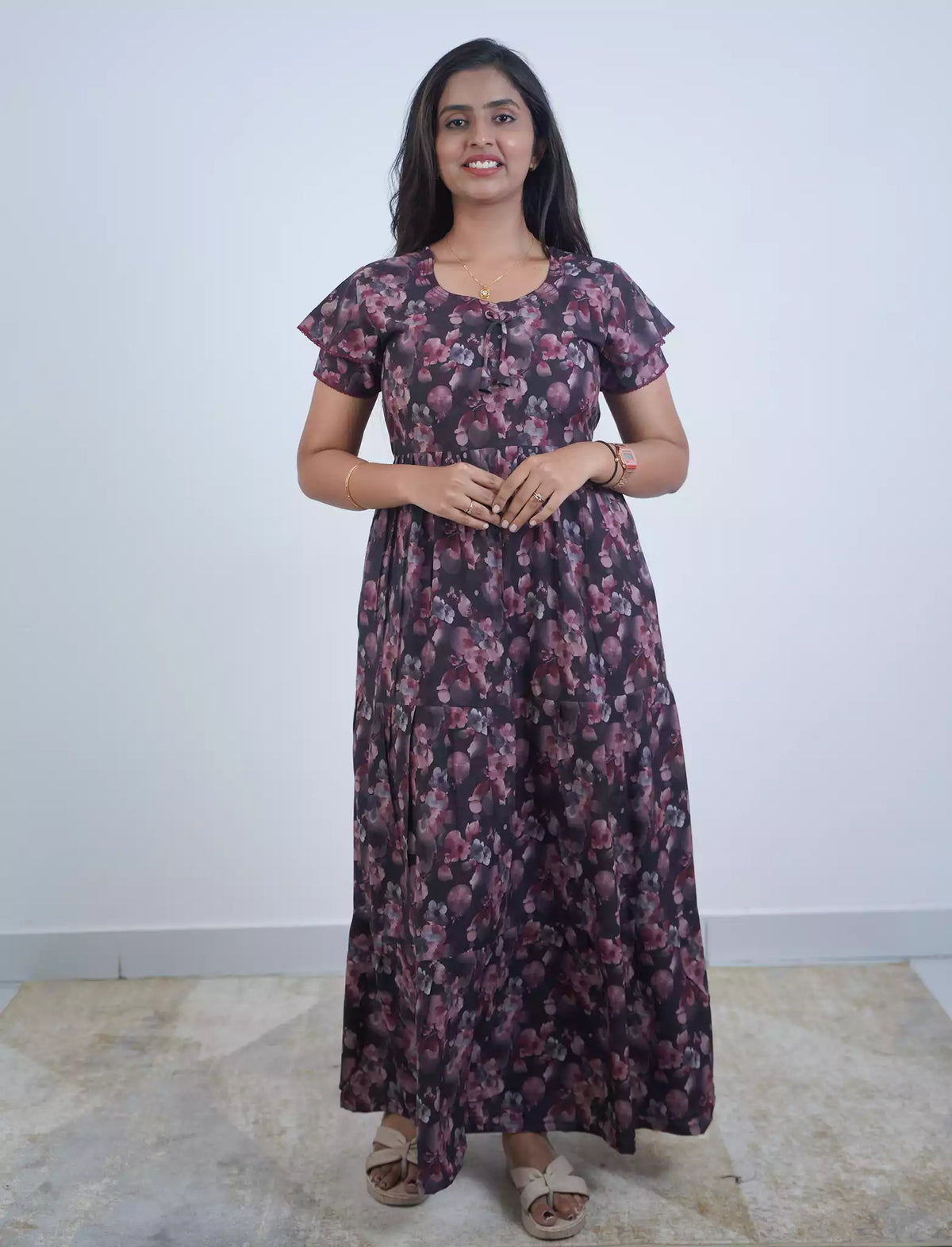 Rayon Floral Print 3 Layer Frock with Layered Sleeves- Mangai Nighties
