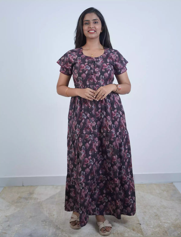 Rayon Floral Print 3 Layer Frock with Layered Sleeves  - Mangai Nighties