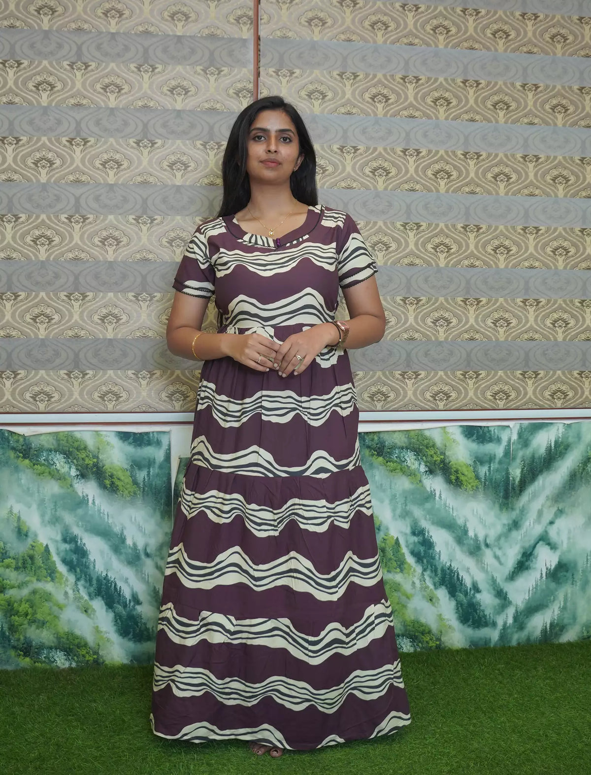 Rayon Wave Print 3 Layer Frock Style with Back Tie - Mangai Nighties