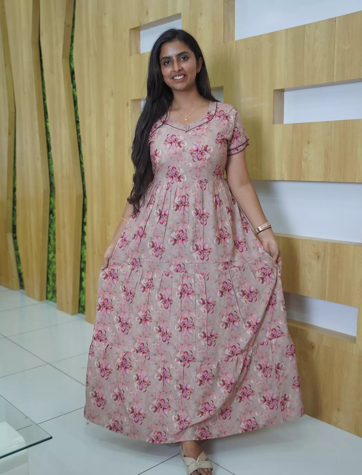 Rayon Floral Printed 3 Layer Frock Style with Back Tie - Mangai Nighties