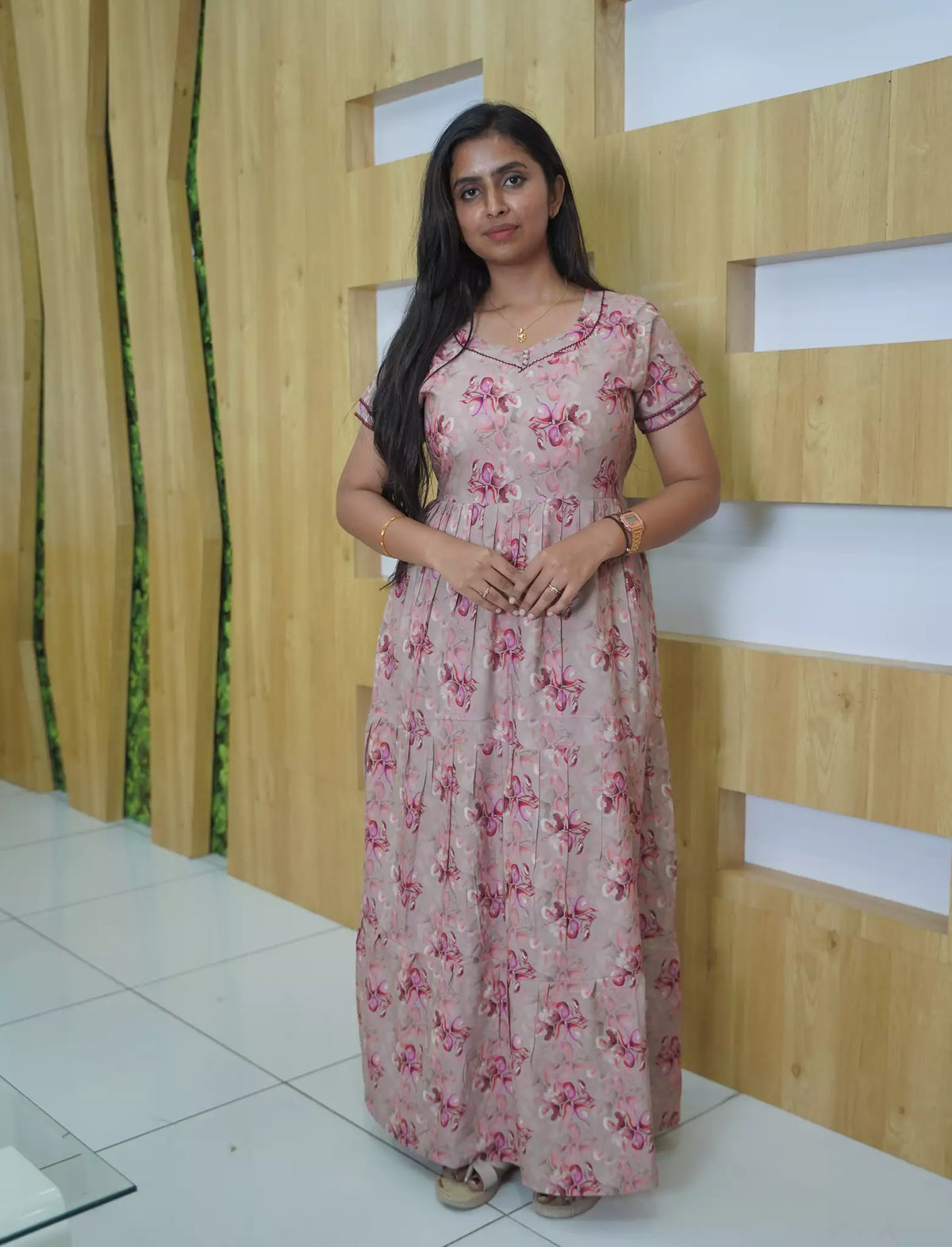 Rayon Floral Printed 3 Layer Frock Style with Back Tie - Mangai Nighties