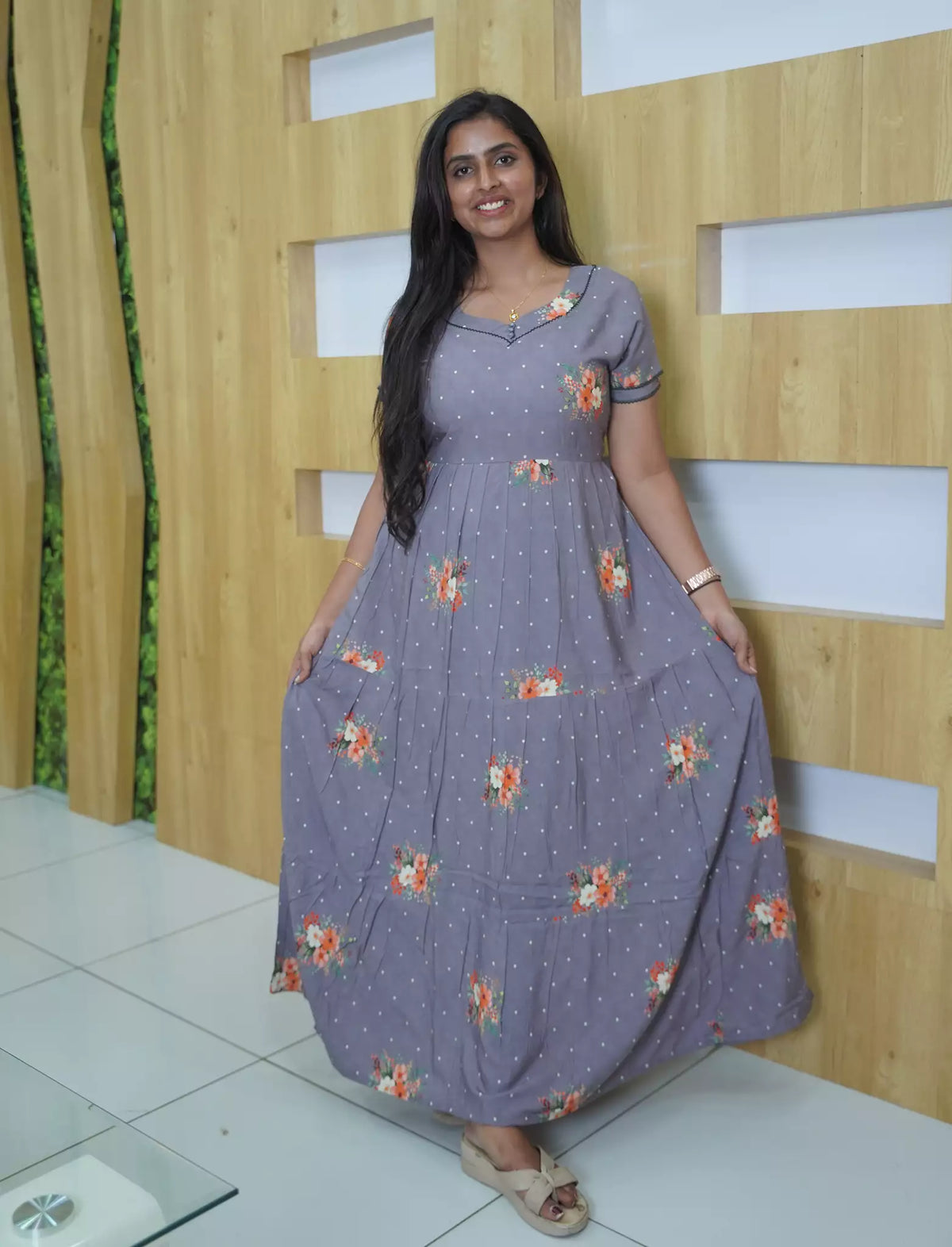 Rayon Floral & Dot Print 3 Layer Frock Back Tie with Layer Sleeve - Mangai Nighties