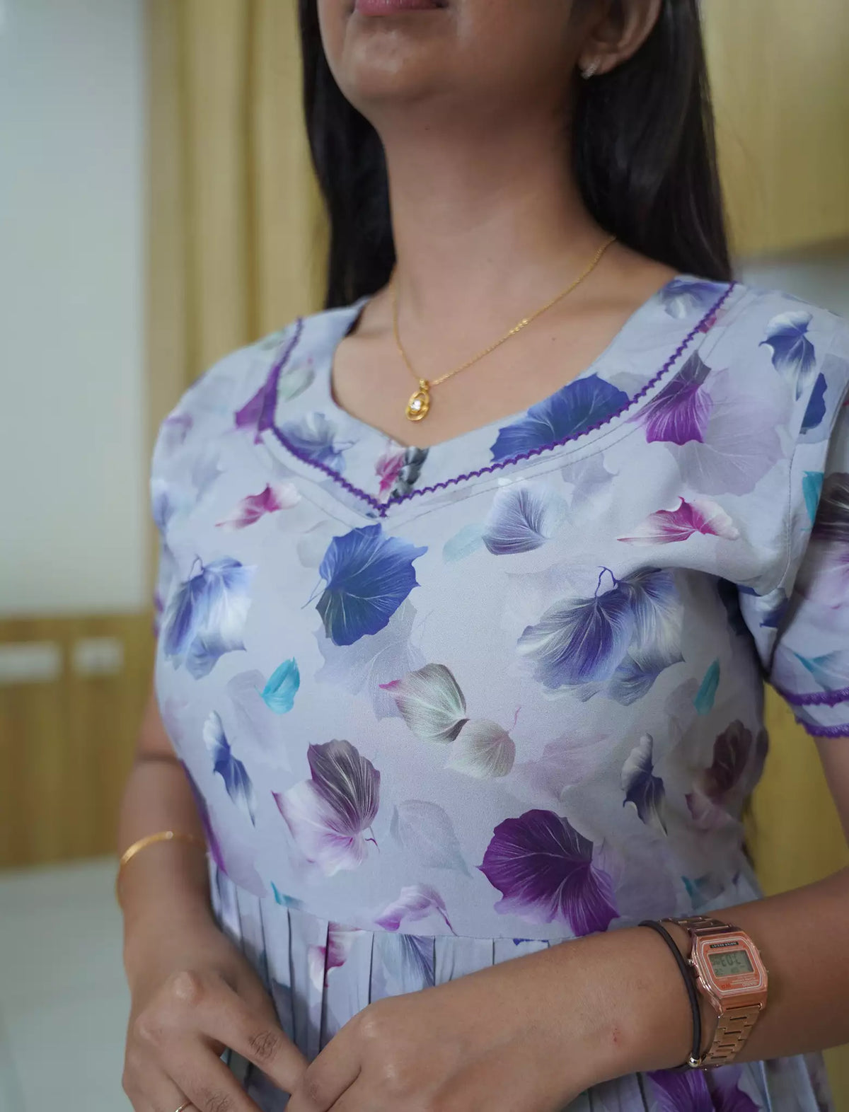 Rayon Floral Print 3-Layer Frock with Side Pocket - Mangai Nighties