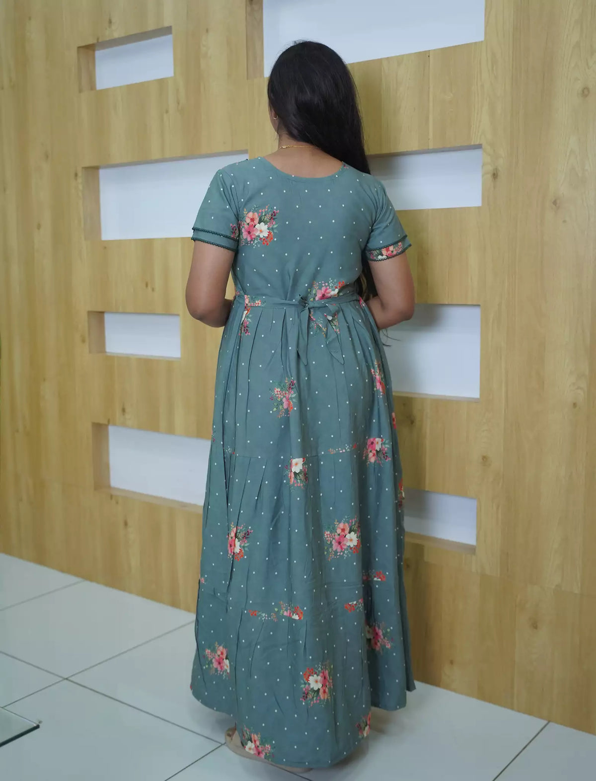 Rayon Floral & Dot Print 3 Layer Frock Back Tie with Layer Sleeve - Mangai Nighties
