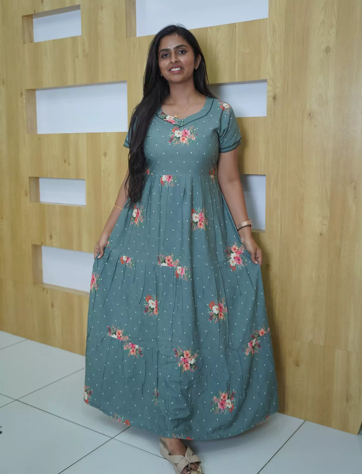 Rayon Floral & Dot Print 3 Layer Frock Back Tie with Layer Sleeve - Mangai Nighties