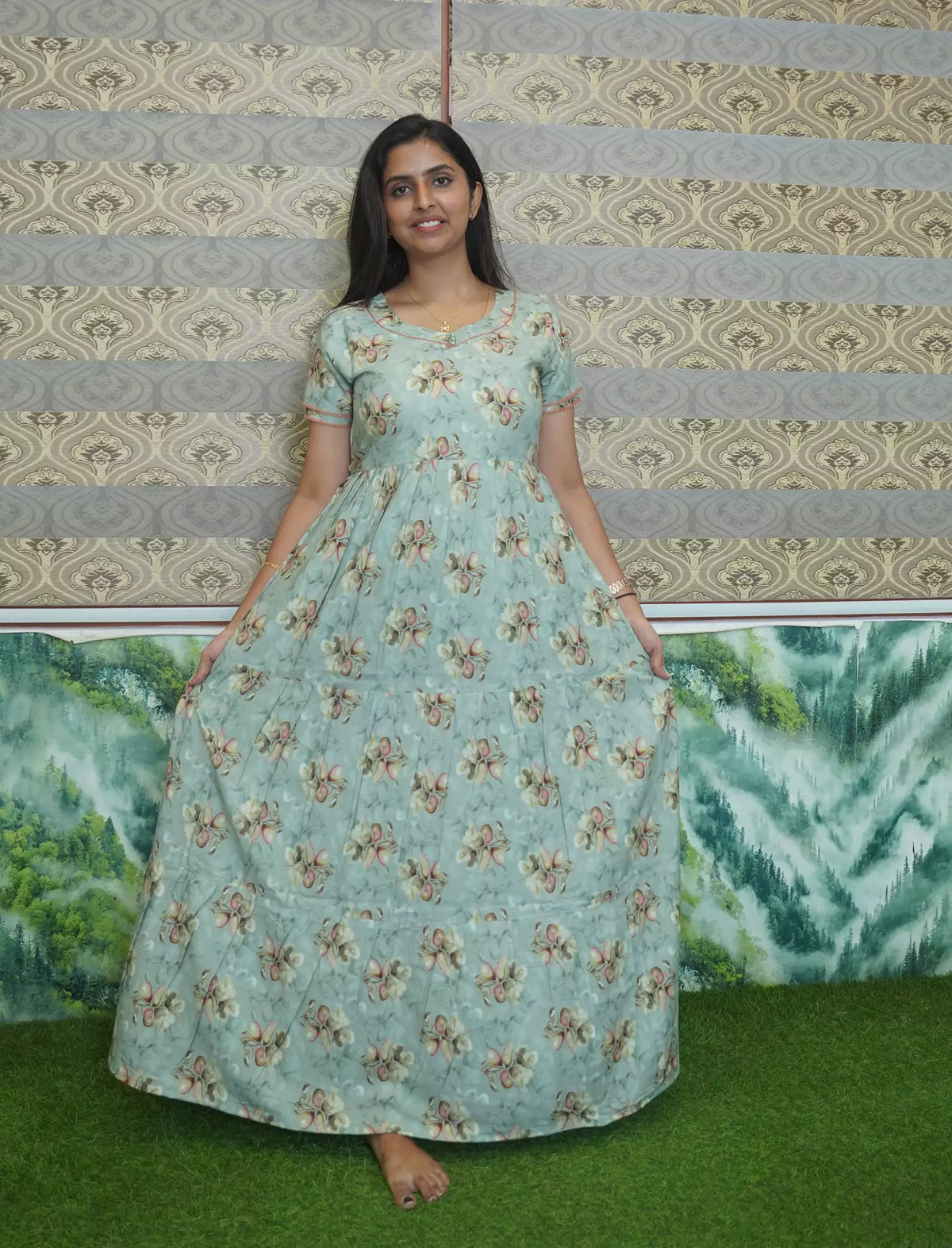 Rayon Floral Printed 3 Layer Frock Style with Back Tie - Mangai Nighties