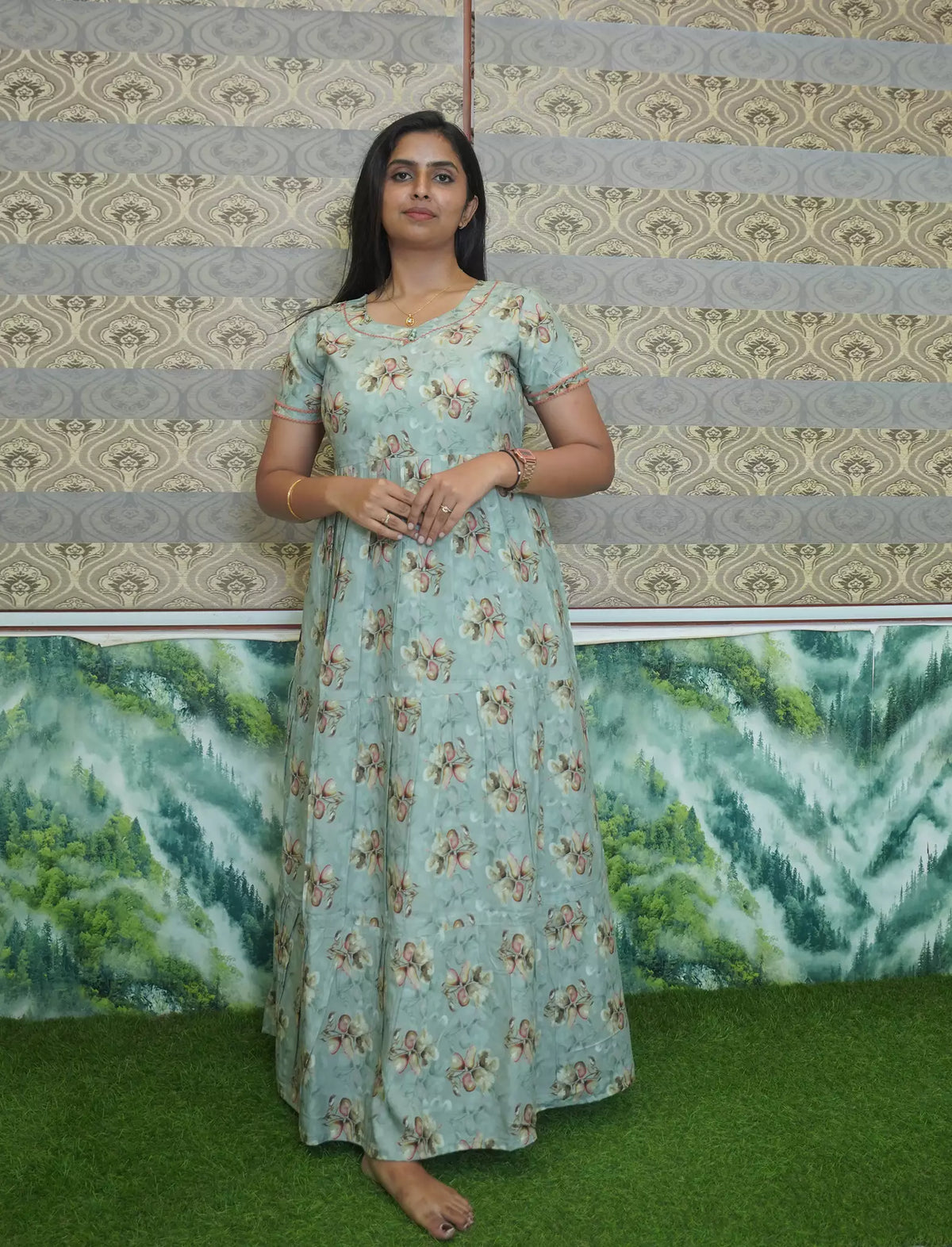 Rayon Floral Printed 3 Layer Frock Style with Back Tie - Mangai Nighties