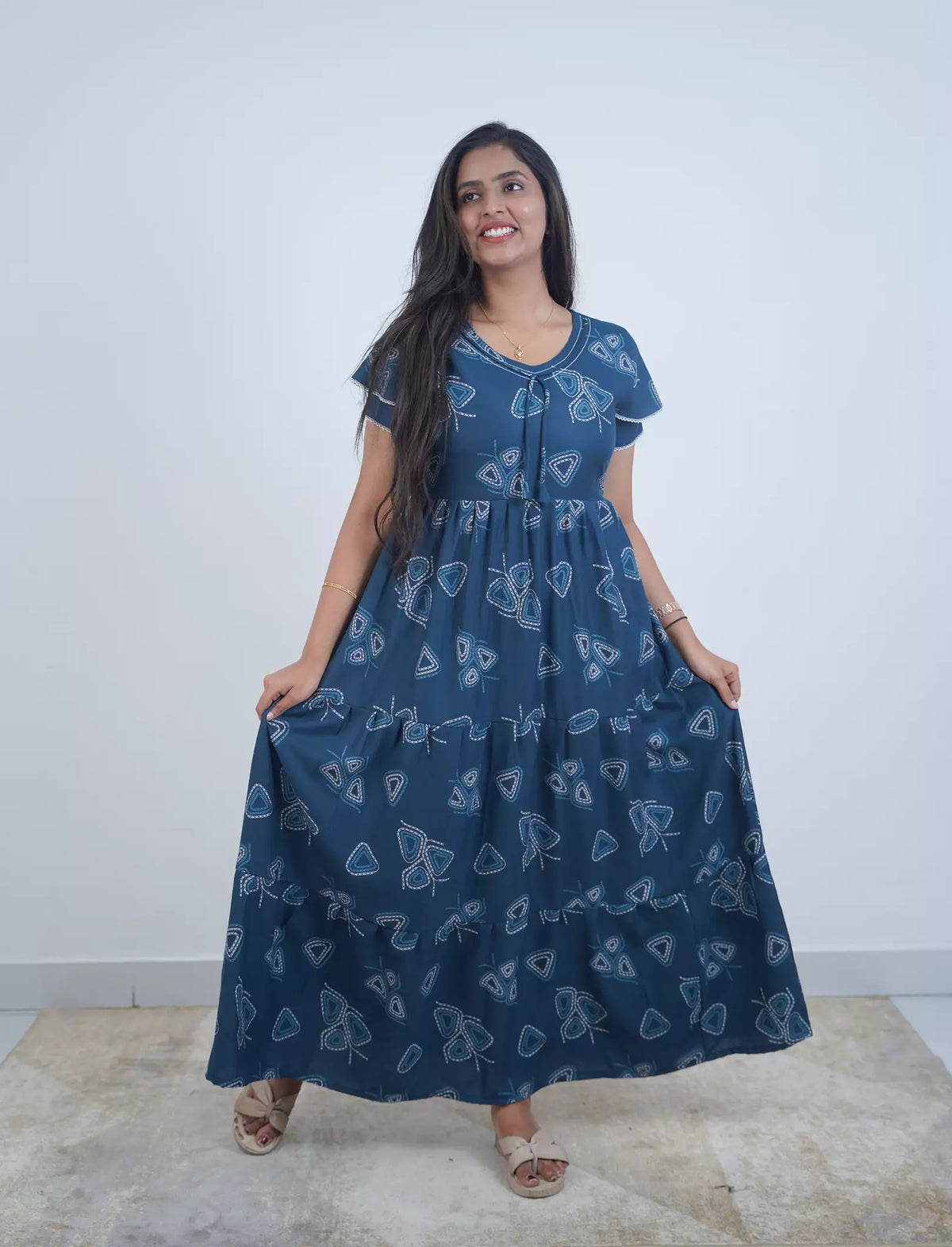 Alpine Abstract Geometric Print 3-Layer Frock with Layer Sleeves - Mangai Nighties