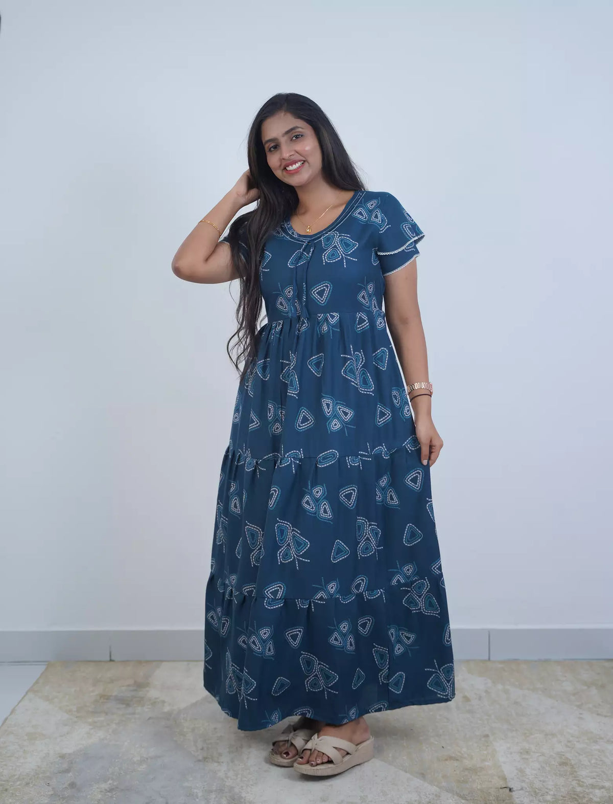 Alpine Abstract Geometric Print 3-Layer Frock with Layer Sleeves - Mangai Nighties