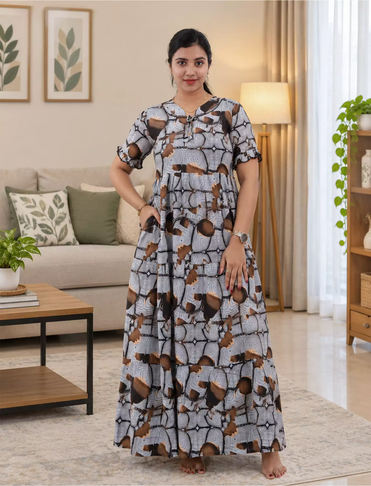Mangai 3 Layer Frock Model Nighties Soft and Smooth Premium Quality Rayon Material , Fancy Frilled Sleeve Side Pocket , Back tie Rope Stylish Collection's for Trendy Women's (MRK)