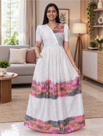 Rayon Sunset Abstract Print Long Frock with Puff Sleeve | Mangai Nighties