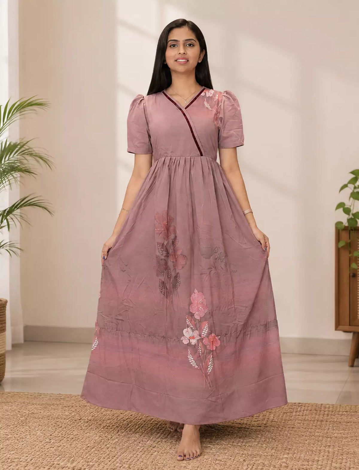 Rayon Floral Print Long Frock with Lace Neck | Mangai Nighties