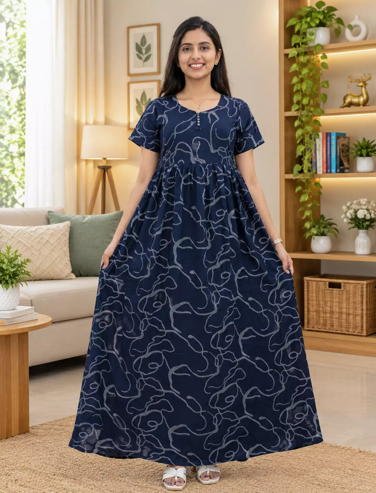 Rayon Abstract Print Long Frock with Pleated Sleeve| Mangai Nighties