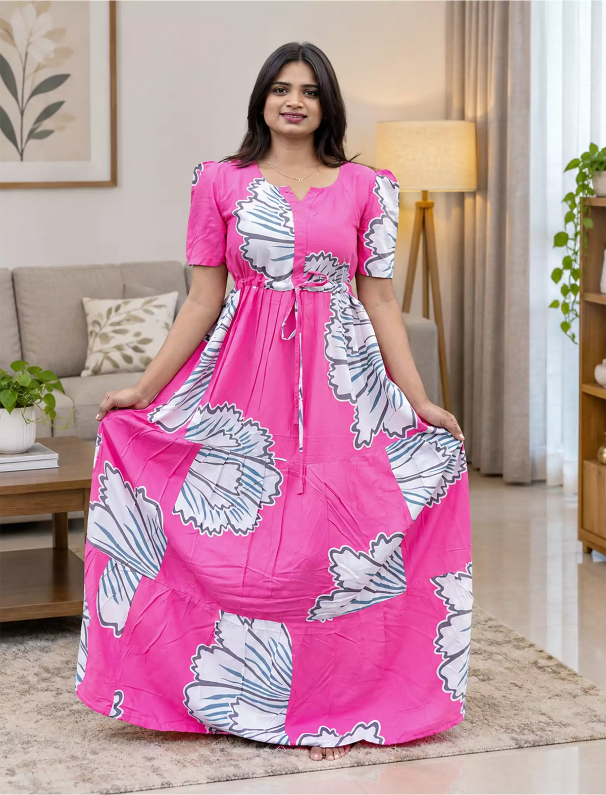 Stylish Arrivals Rayon Gathering Frock Model Night Gown's | Front Adjustable Gathering Style Rope | Puff Sleeve | Trending Collection's for Stylish Women's (FKG)