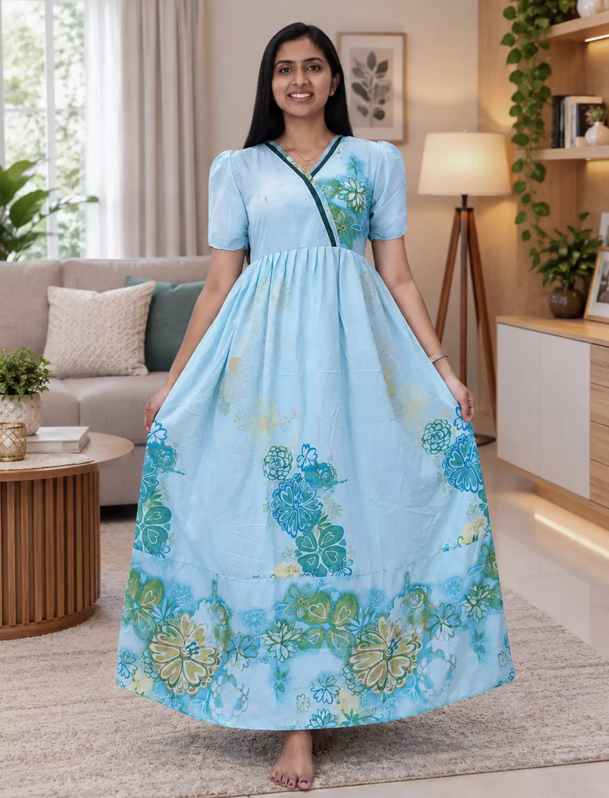 Rayon Floral Long Frock with V Lace Neck & Side Pocket – Mangai Nighties