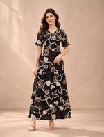 Abstract Floral Line Art Rayon Frilled Sleeve Full Frock with Back Tie | Mangai Nighties