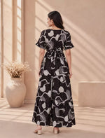 Abstract Floral Line Art Rayon Frilled Sleeve Full Frock with Back Tie | Mangai Nighties