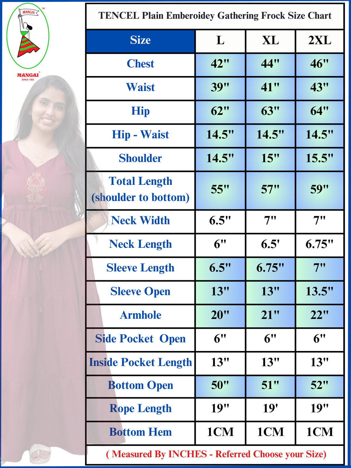 Tencel Plain Embroidery Full Frock with Front Gathering - Mangai Nighties