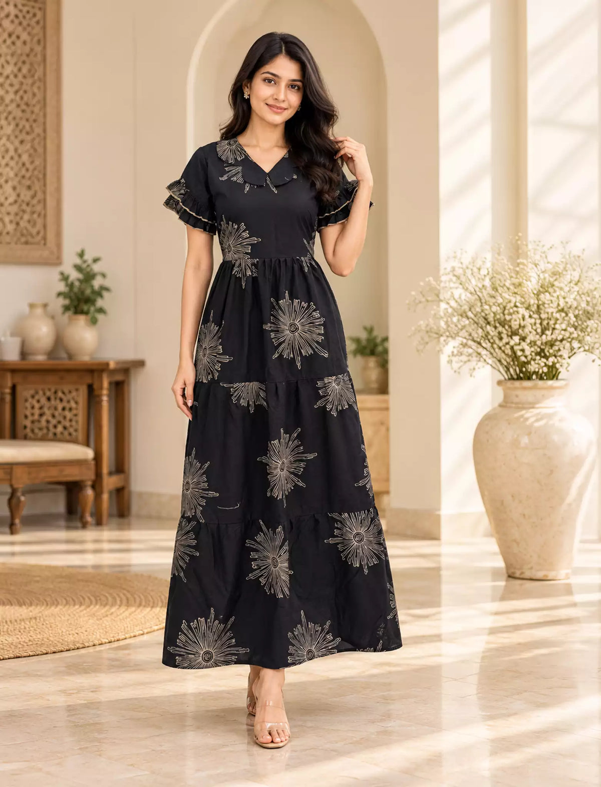 Sunburst Line-Art Rayon Layer Full Frock with Peter Pan Collar| Mangai Nighties