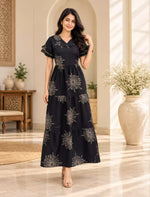 Sunburst Line-Art Rayon Layer Full Frock with Peter Pan Collar| Mangai Nighties