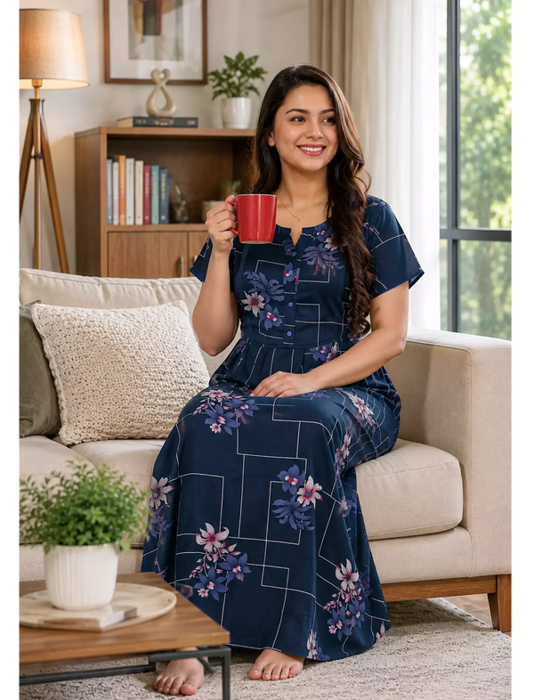 Alpine Floral Geometric Print Kurti Style Nighty - Mangai Nighties