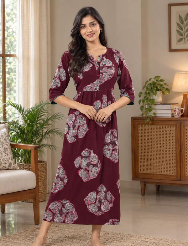 Floral Print Kurti Style Long Sleeve with Pocket – Mangai Nighties