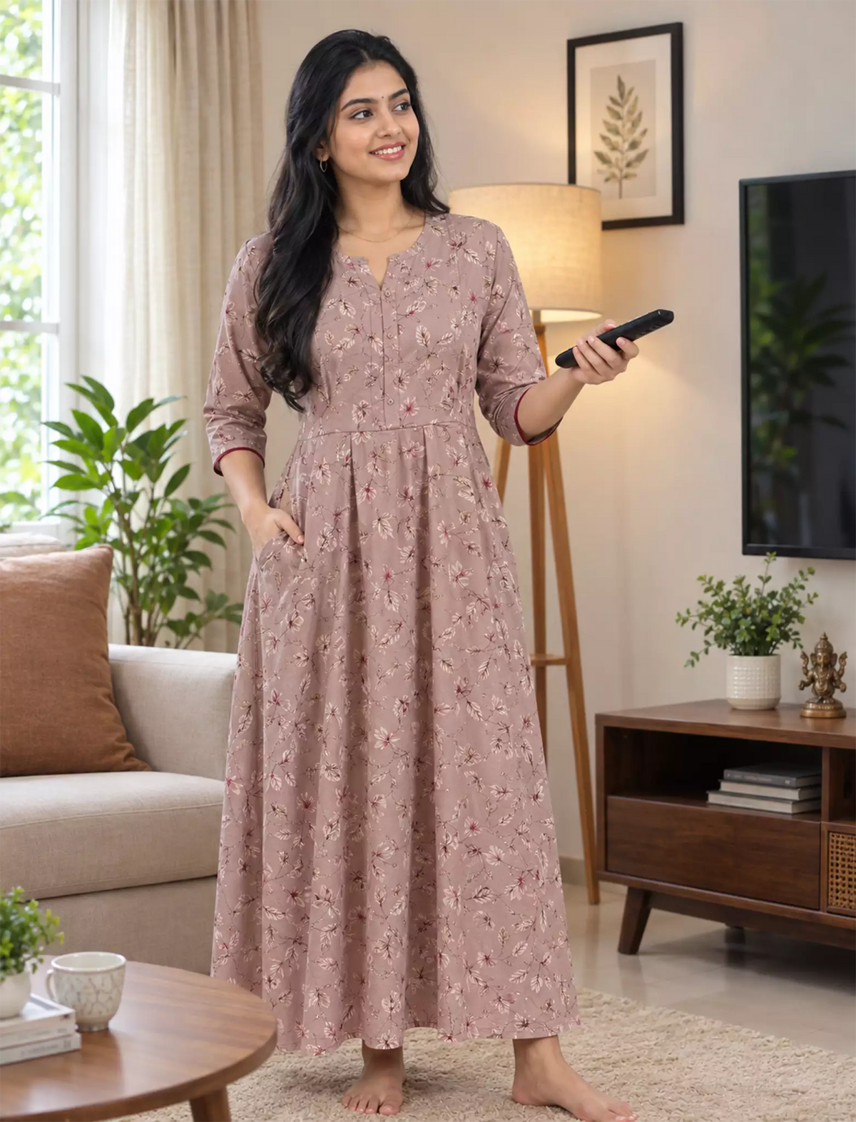 Floral Print Long Sleeve Kurti Style with Closed Button – Mangai Nighties