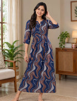 Abstract Wave Print Long Sleeve Kurti Nighty Pocket | Mangai Nighties